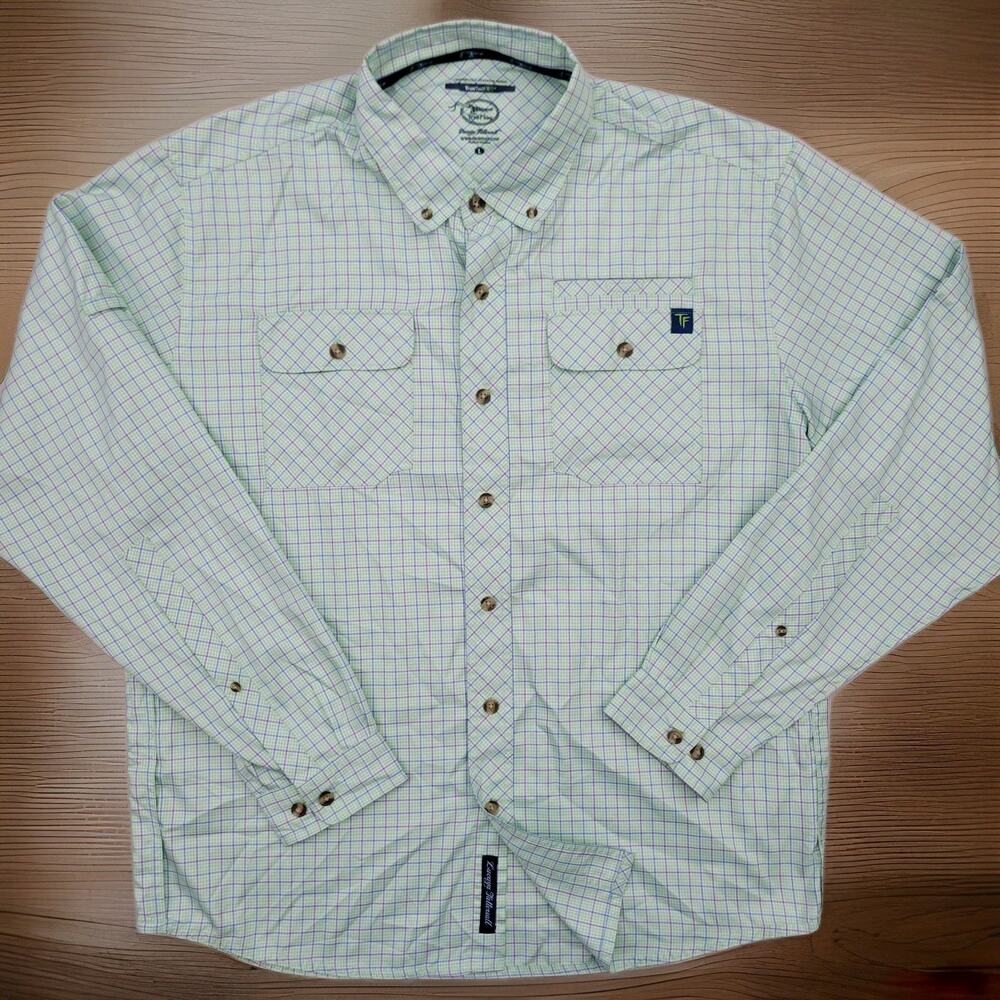 True Flies Button Down Shirt Mens L Green Lucas Tattersall Plaid Roll Tab Vent